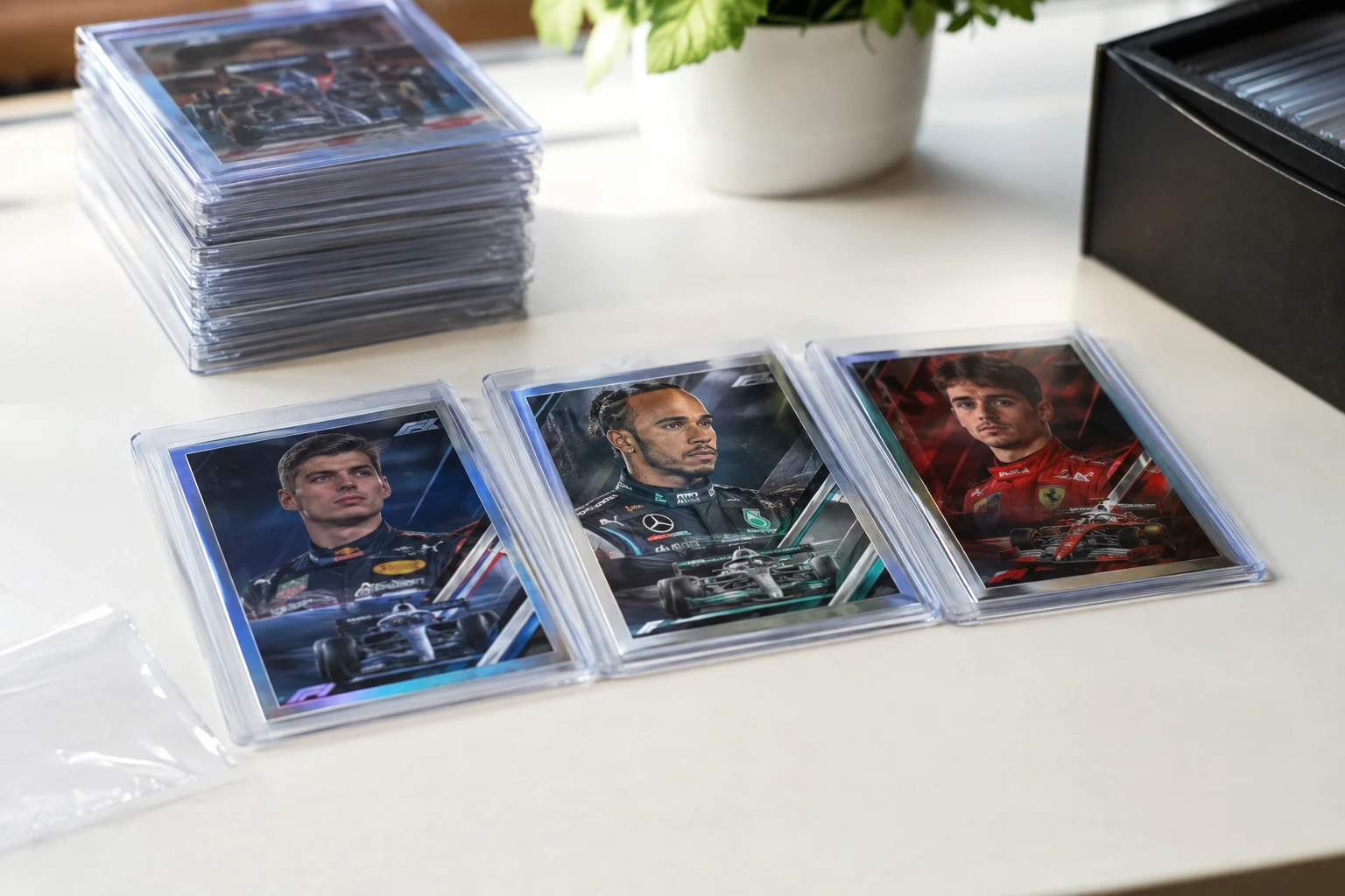 Formula 1 racing cards including Topps Chrome F1 with Verstappen Hamilton and Leclerr being prepared for PSA grading