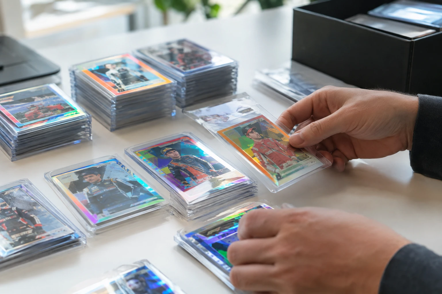Topps Chrome F1 refractor parallel cards in various colors being sorted for PSA grading submission