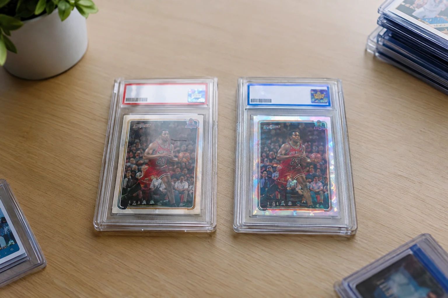 Side by side comparison of authentic and counterfeit PSA graded card slabs showing verification details