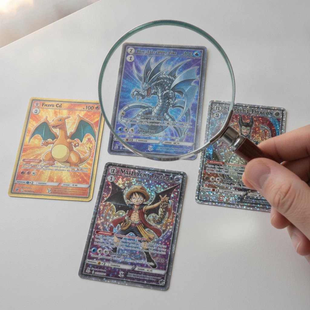 Magnifying glass inspecting holographic Pokémon, Yu-Gi-Oh!, One Piece, and Lorcana cards for counterfeit signs