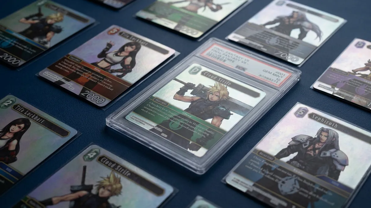 Final Fantasy TCG cards including Full Art Legend and Signature treatment cards laid out for AI grading