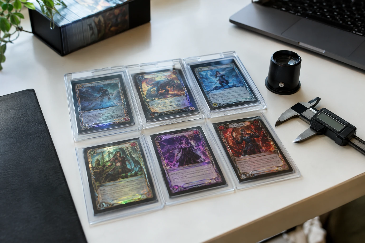 Flesh and Blood TCG Cold Foil and Fabled cards laid out for AI grading analysis with grading tools