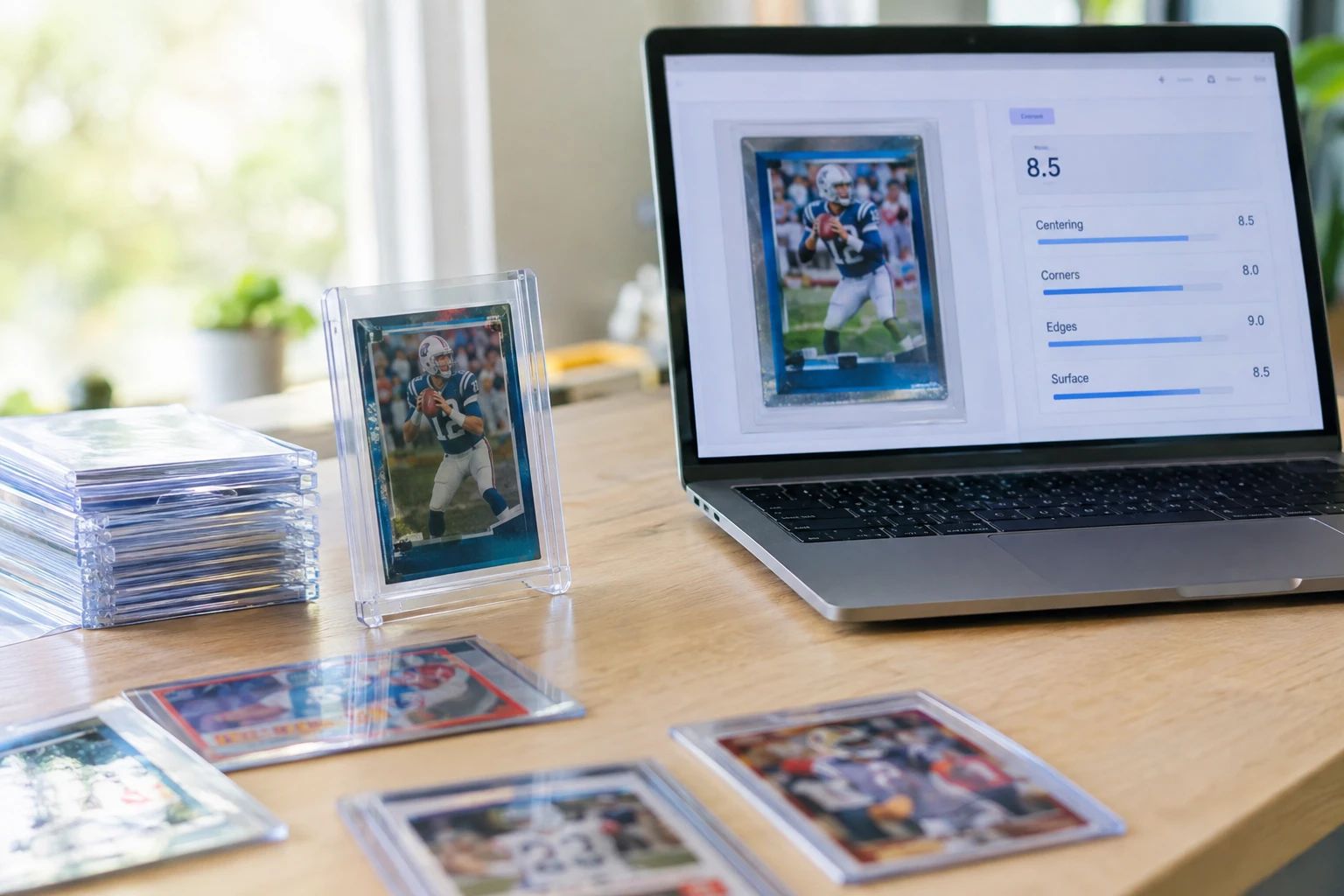 Laptop and phone showing free AI card grading tool analyzing a trading card with sub-grade results displayed