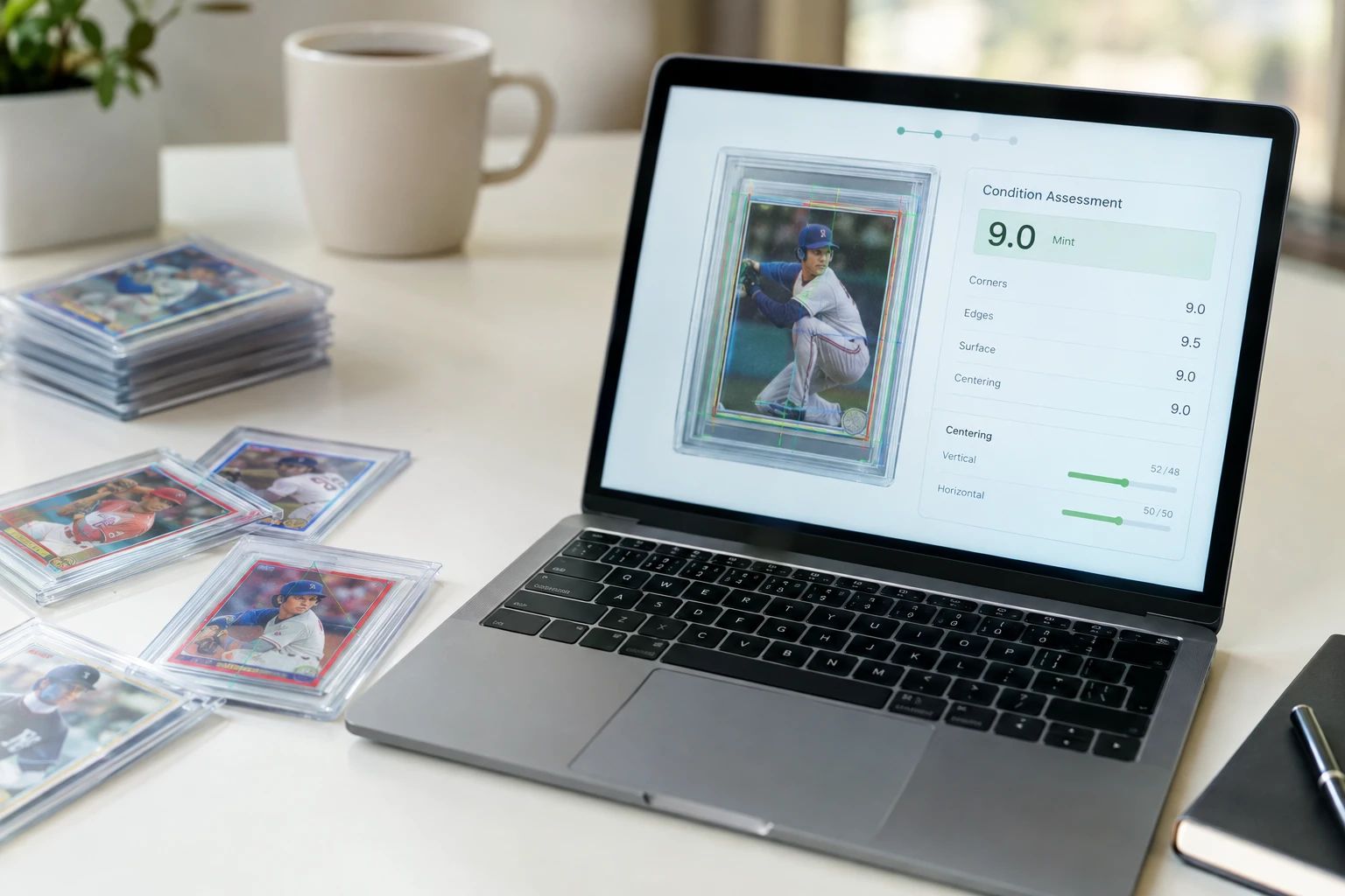 AI card condition check tool showing condition assessment with subgrades and centering measurements