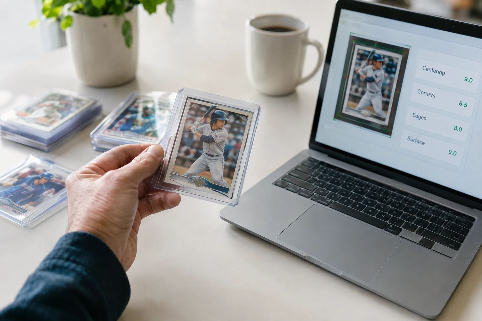 AI pre-grading a baseball card with centering corners edges and surface subgrades displayed