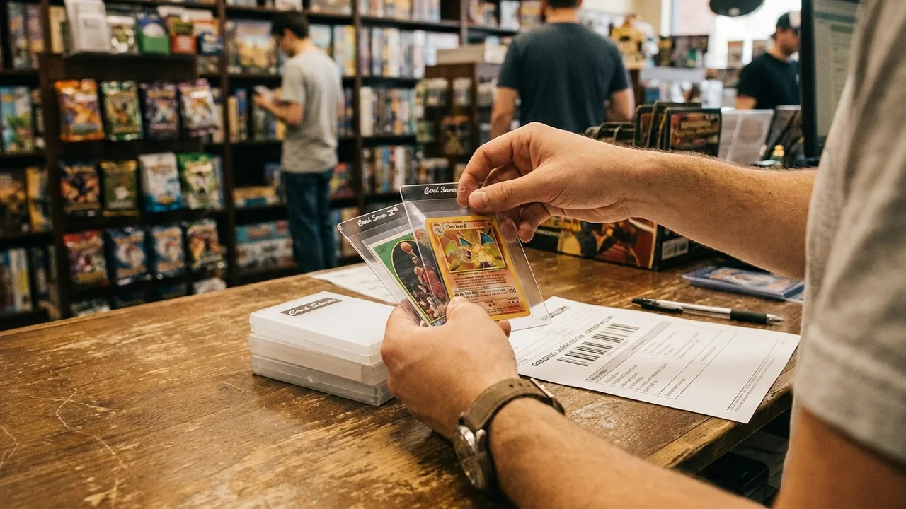 Trading cards in penny sleeves and Card Savers being prepared for a GameStop PSA drop-off submission at a retail counter