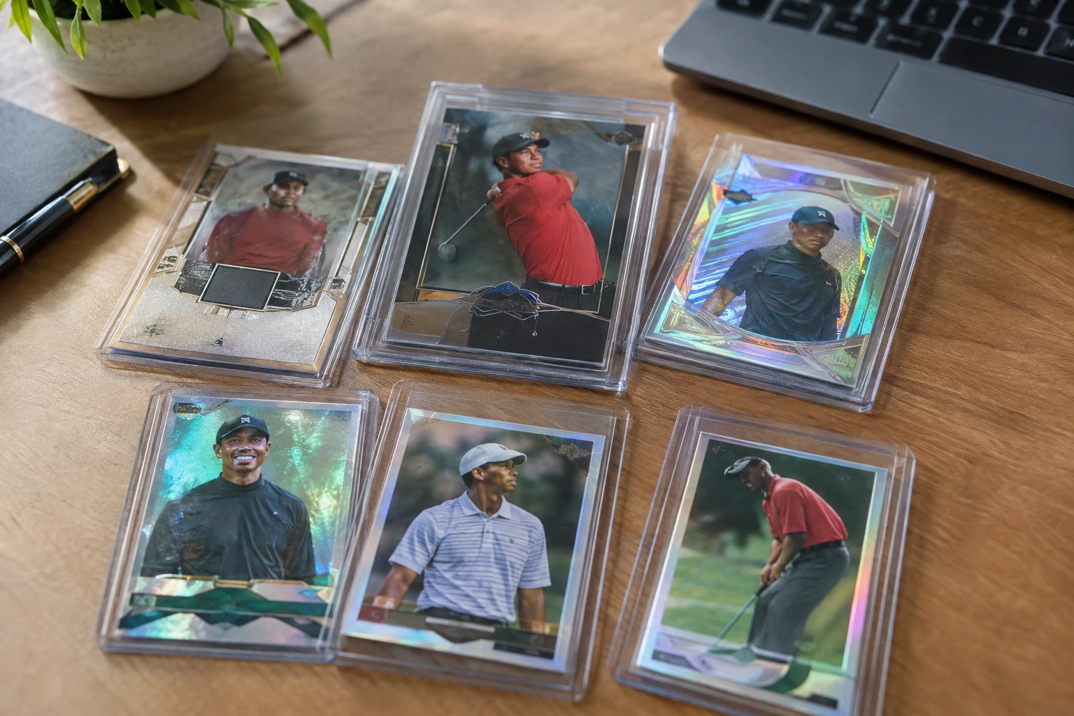 Golf trading cards including Tiger Woods Upper Deck Allure and Deluxe parallels laid out for AI grading analysis