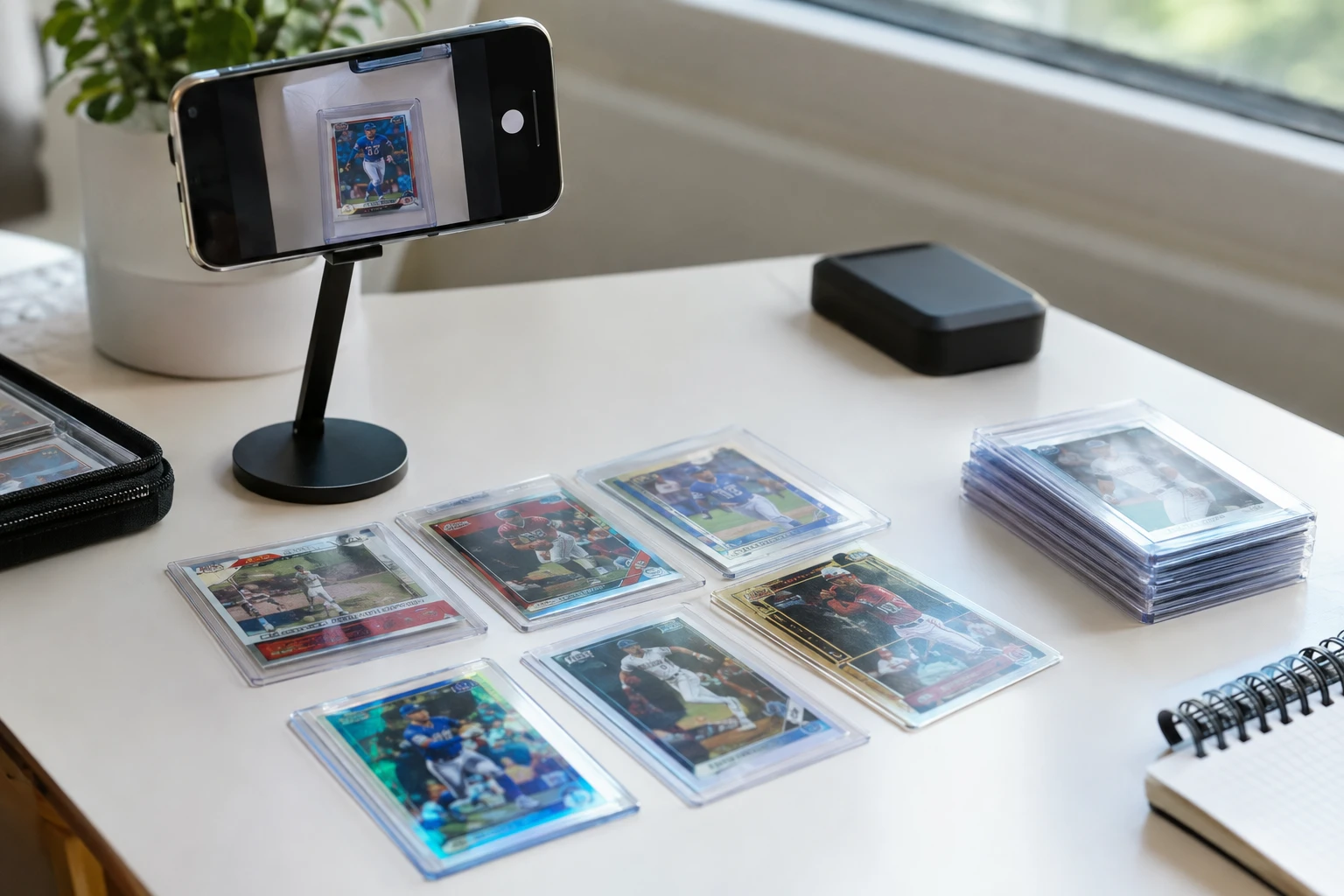 Home card grading setup with diffuse lighting, smartphone on stand, and cards laid out for AI analysis