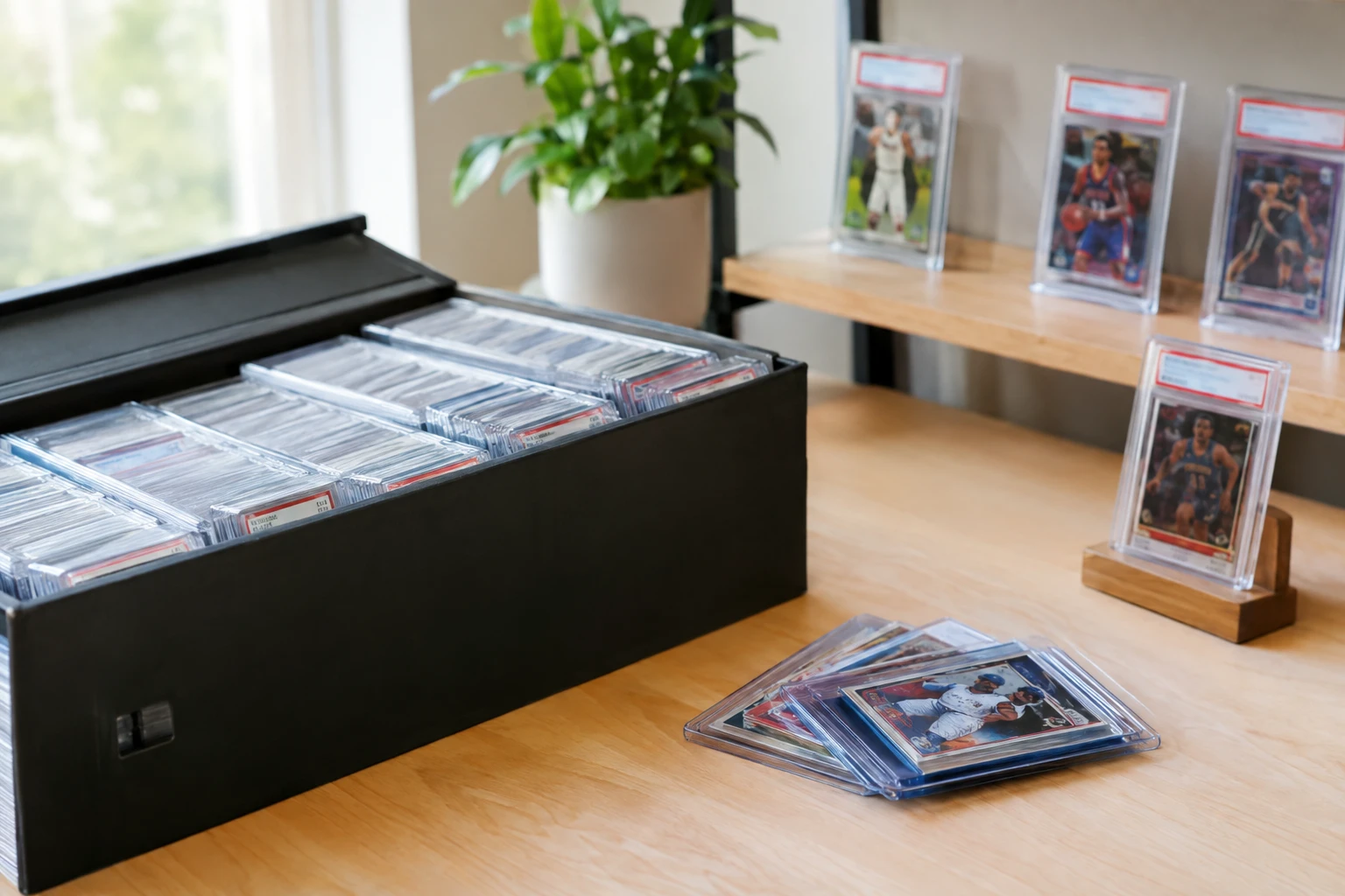 Graded trading cards in slabs organized inside a storage box and displayed on a shelf