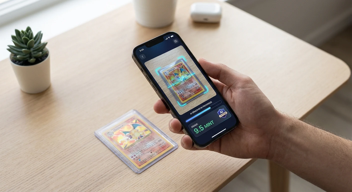 Smartphone showing various card grading apps including PreGradeCards, CardGrade.io, CollX, and Alt