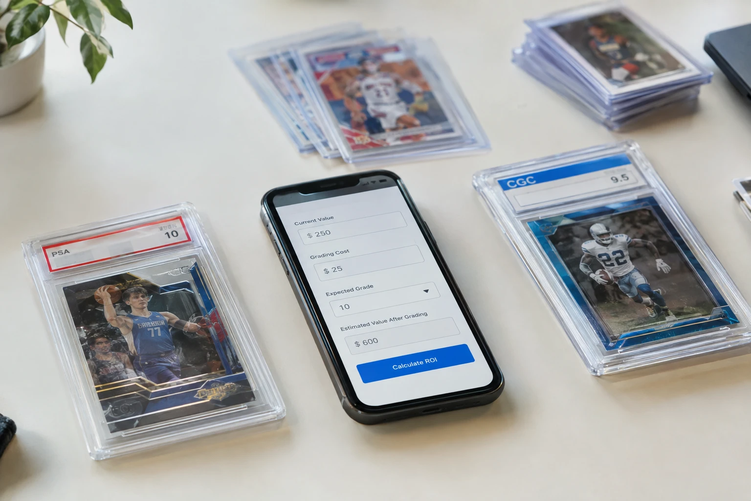Card grading ROI calculator on smartphone next to PSA and CGC graded card slabs