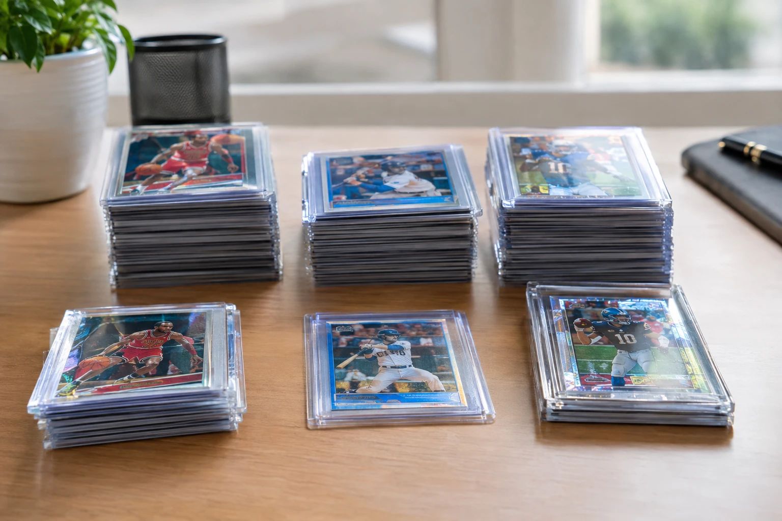 Trading cards organized in piles with grading company logos showing different submission strategies
