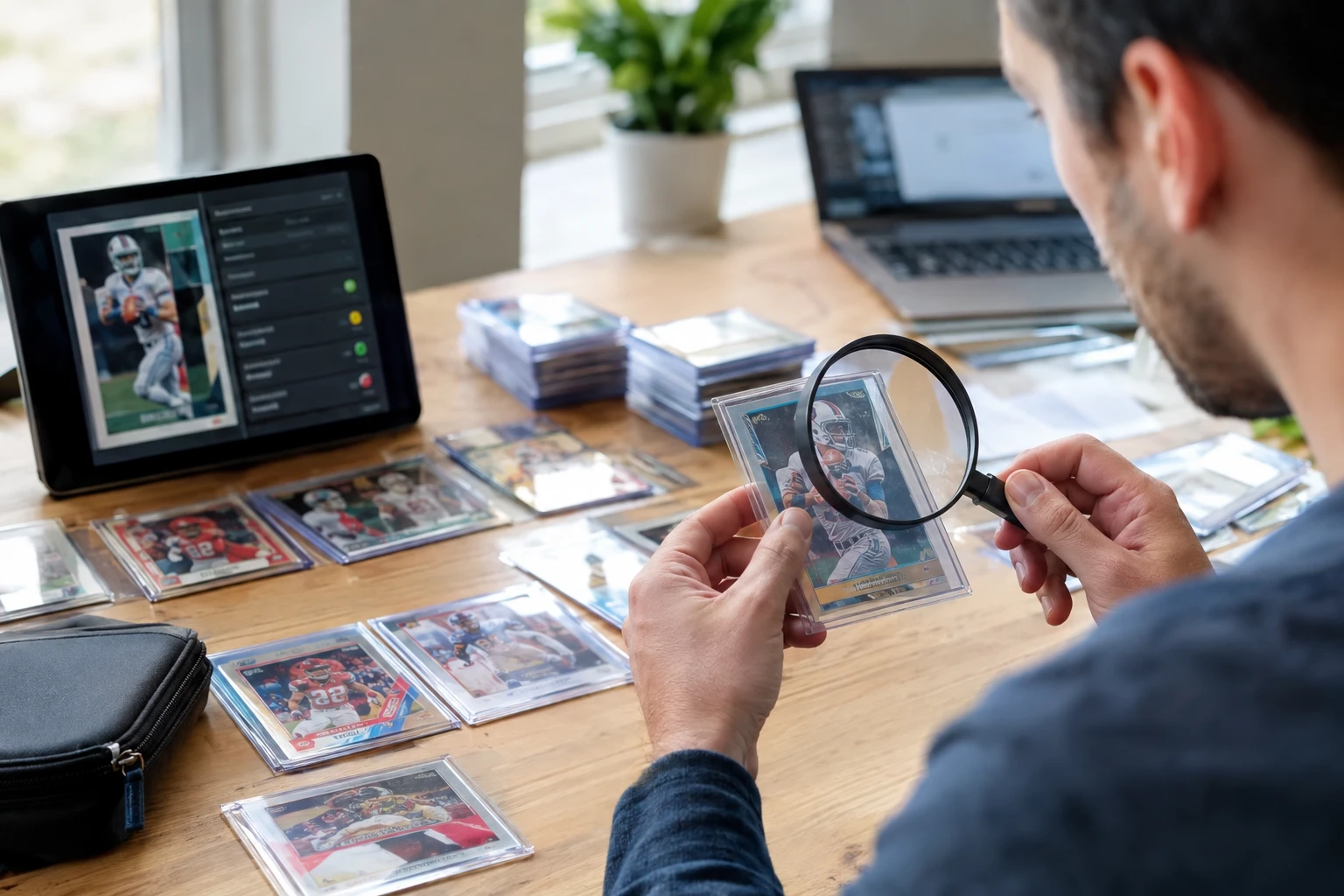 Collector examining trading cards with magnifying glass and AI pre-grading tool before deciding which grading company to submit to during the 2026 backlog crisis