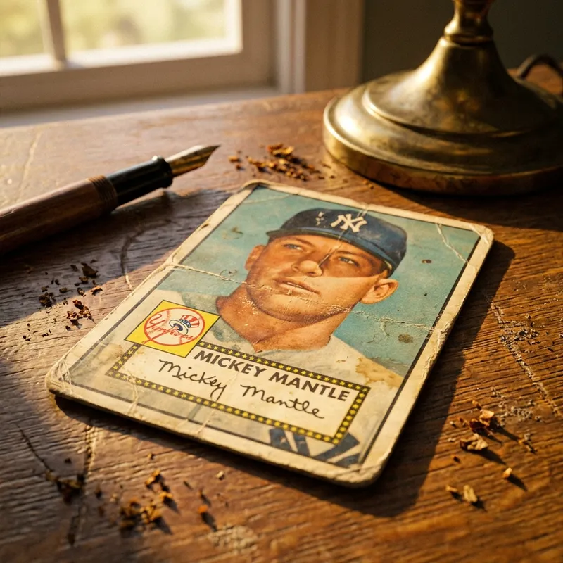A worn vintage Mickey Mantle baseball card with visible creases and edge wear lying on a wooden desk beside a fountain pen and lamp