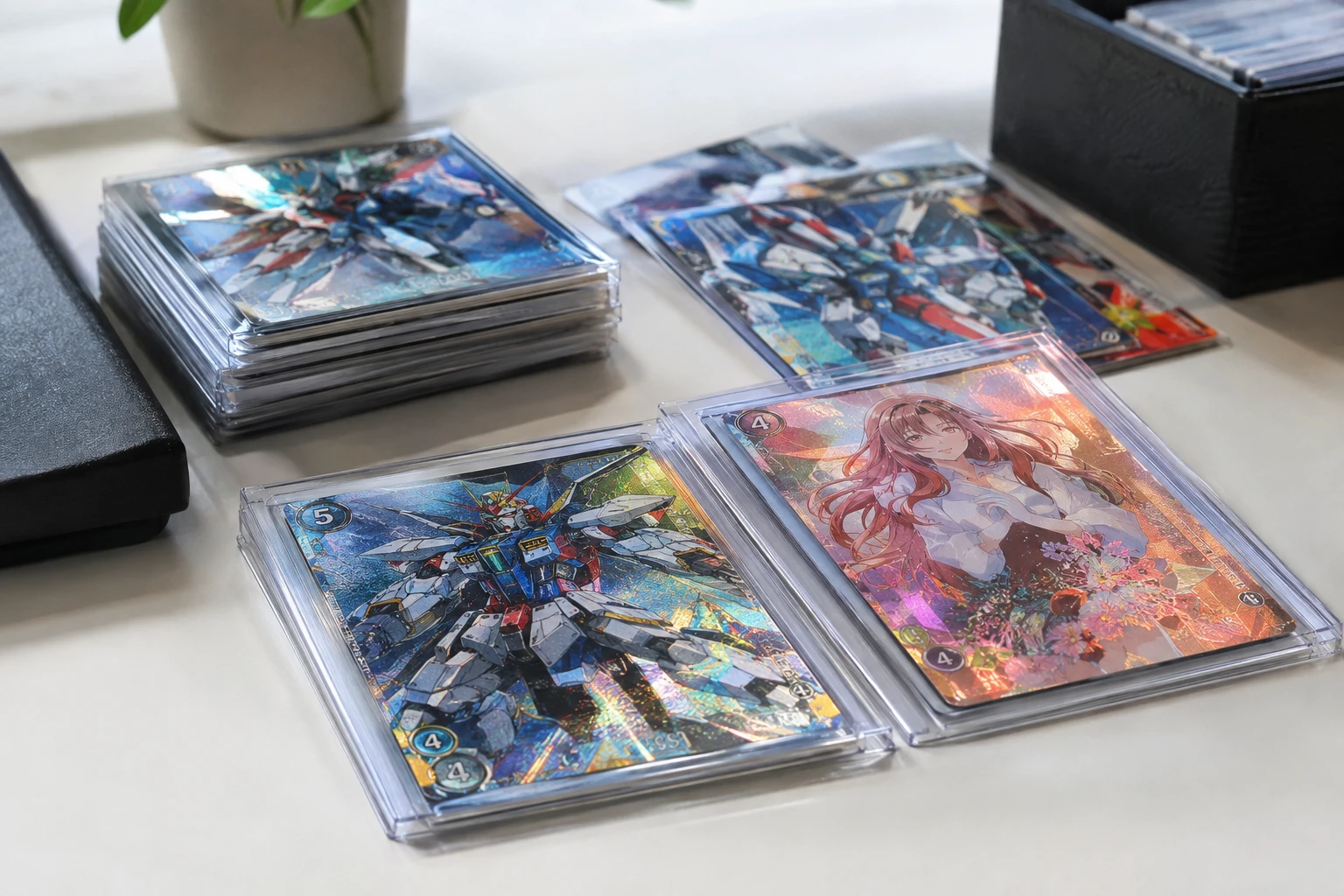 Gundam Card Game LR and LR+ chase cards including Wing Gundam and Overflowing Affection laid out for AI grading