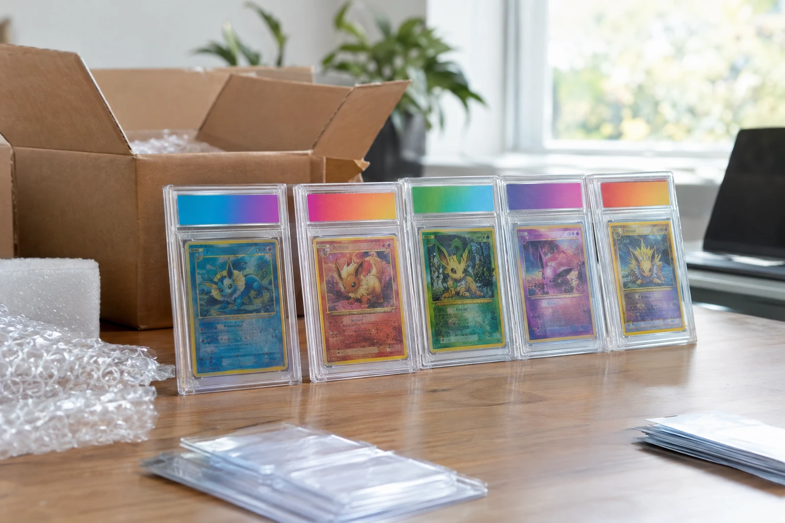 Graded card slabs with colorful labels beside a shipping box