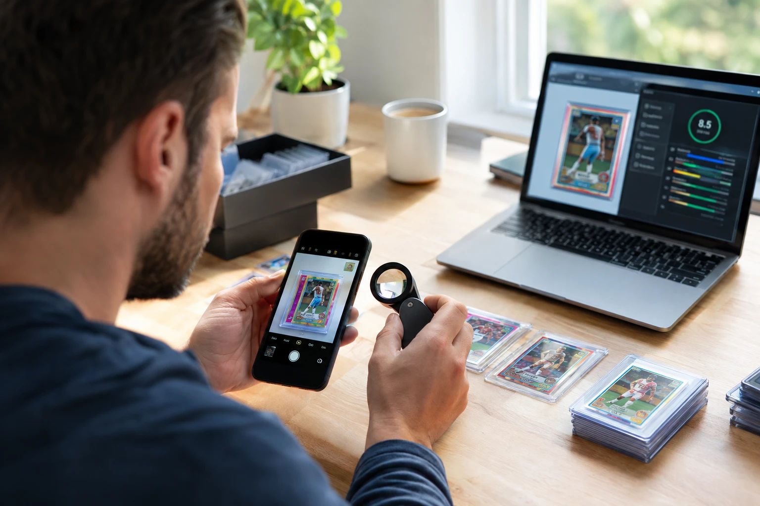 Collector at home pre-grading trading cards using a phone camera, magnifying loupe, and AI grading tool on a laptop