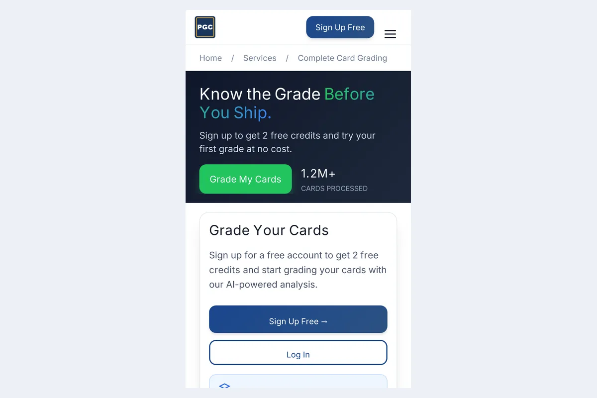 PreGradeCards grading page in iPhone Safari showing 2 free credits on signup