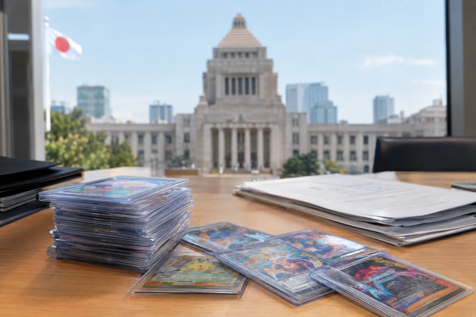 Japanese government building with Pokemon cards and regulation documents representing the 2026 trading card taskforce
