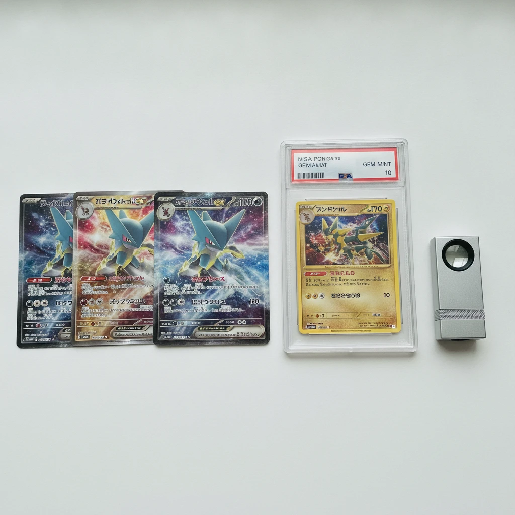 Japanese Pokémon TCG booster packs and PSA 10 graded cards next to a grading loupe