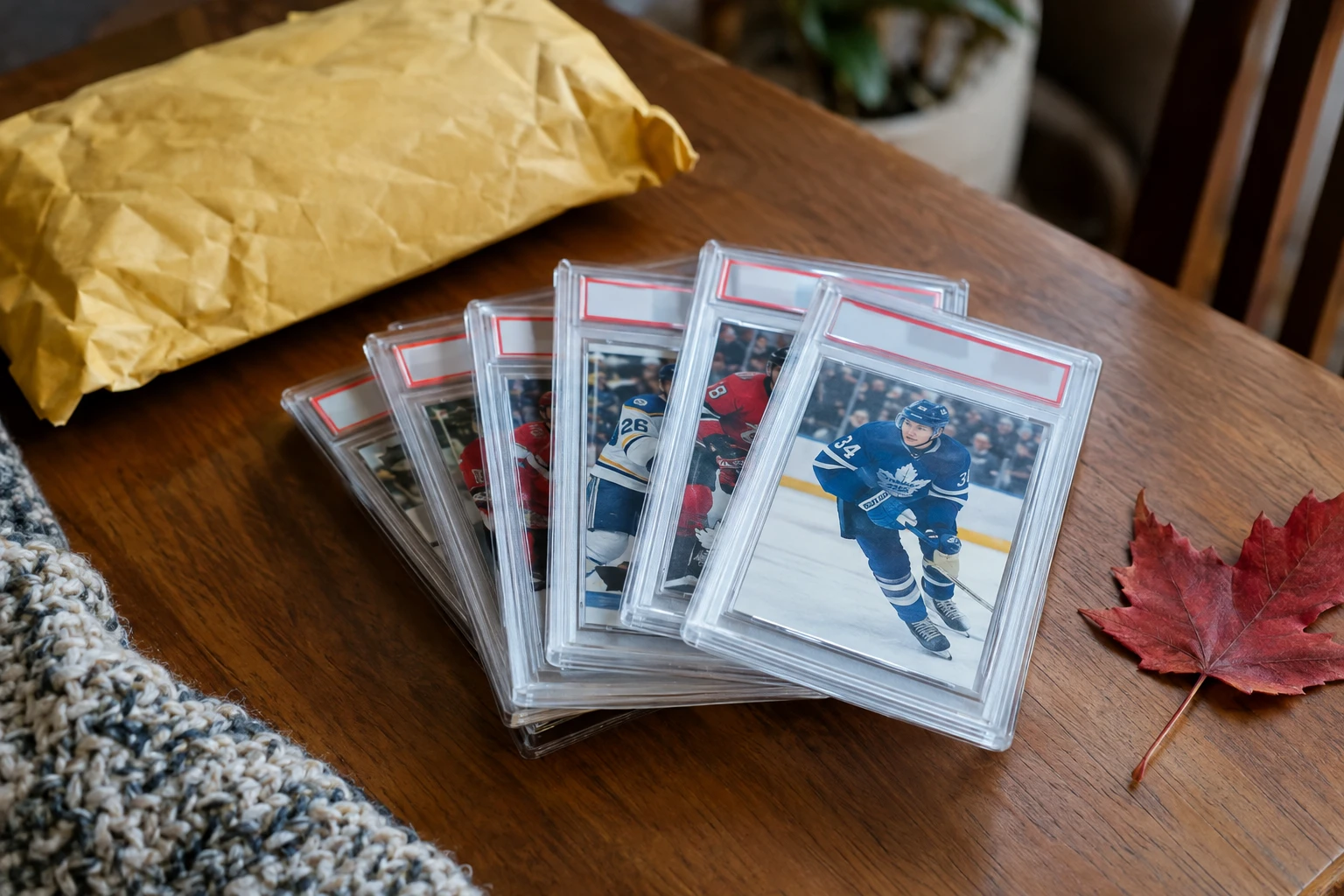 Graded hockey card slabs on a table with a shipping envelope