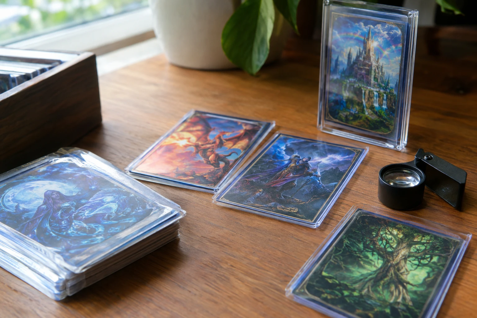 Disney Lorcana Enchanted Rare Mickey Mouse and Maleficent cards laid out for AI grading analysis