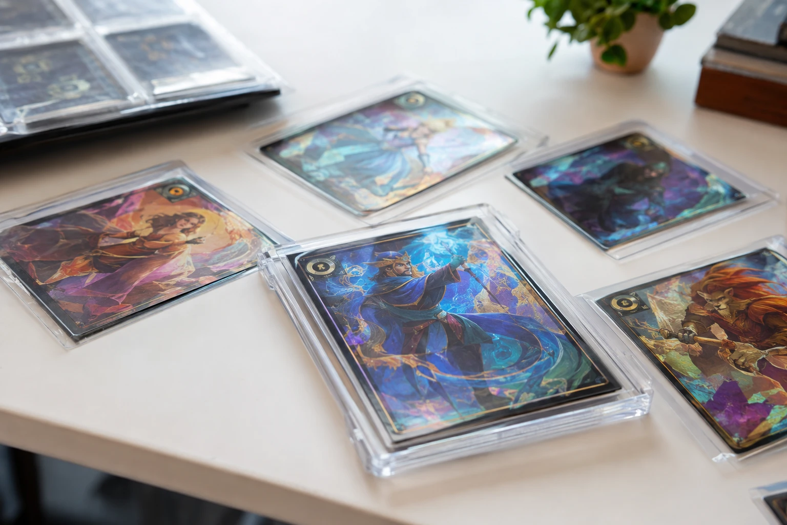 Disney Lorcana Enchanted Rare cards with foil treatment arranged for AI pre-grading inspection