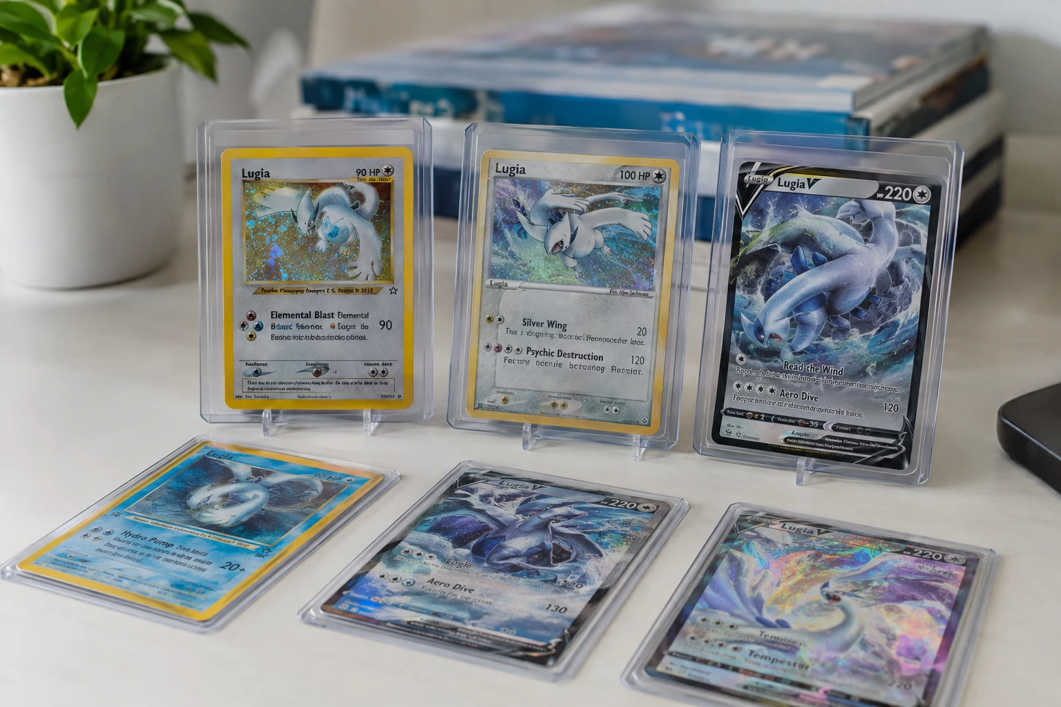 Pokemon Lugia trading cards including vintage holographic versions arranged on a collector's table
