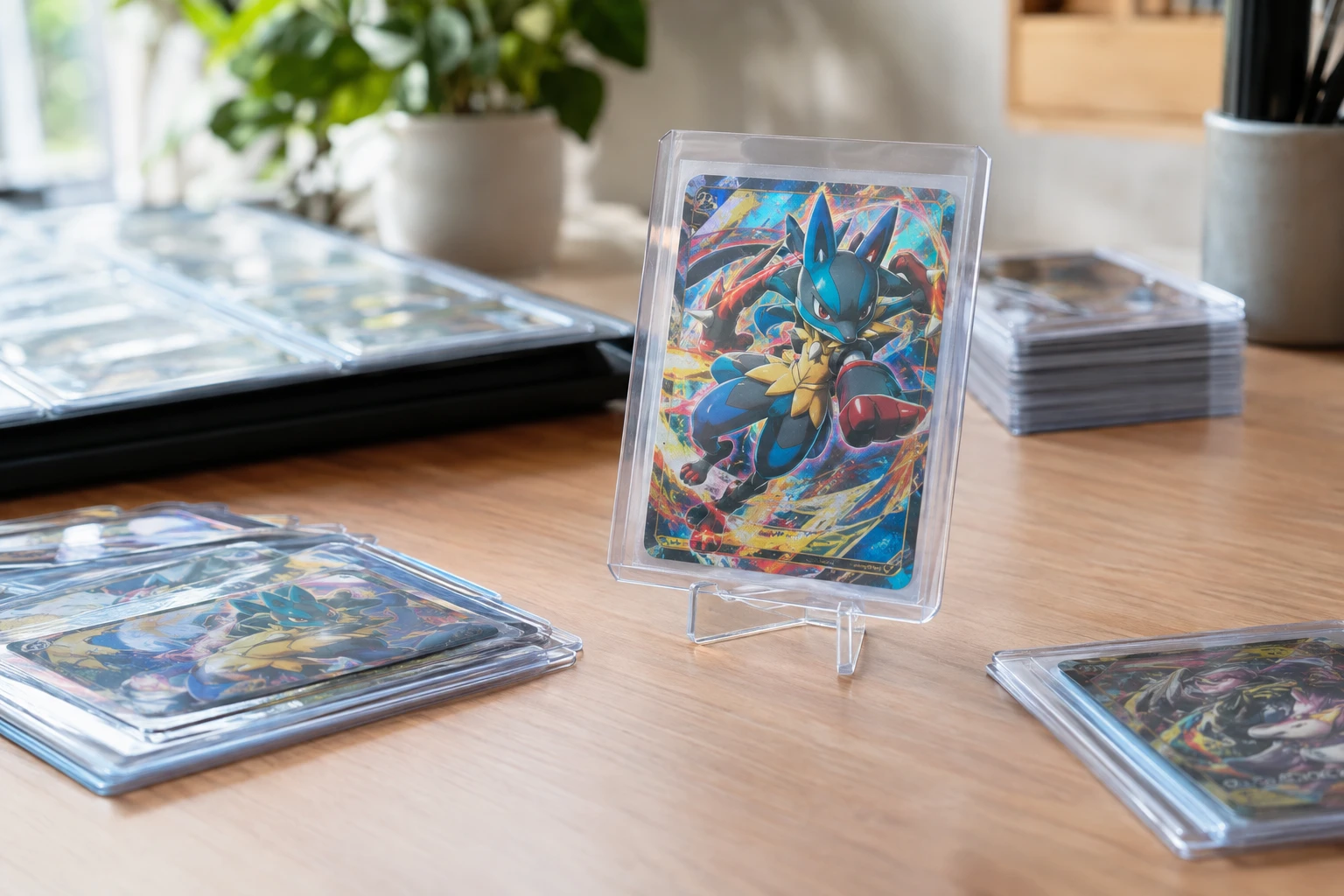 Pokemon Mega Evolution trading cards with a Mega Lucario ex card displayed prominently on a table