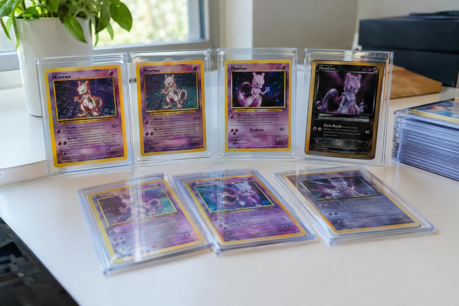 Pokemon Mewtwo trading cards spanning vintage Base Set to modern Team Rocket versions on a collector's table