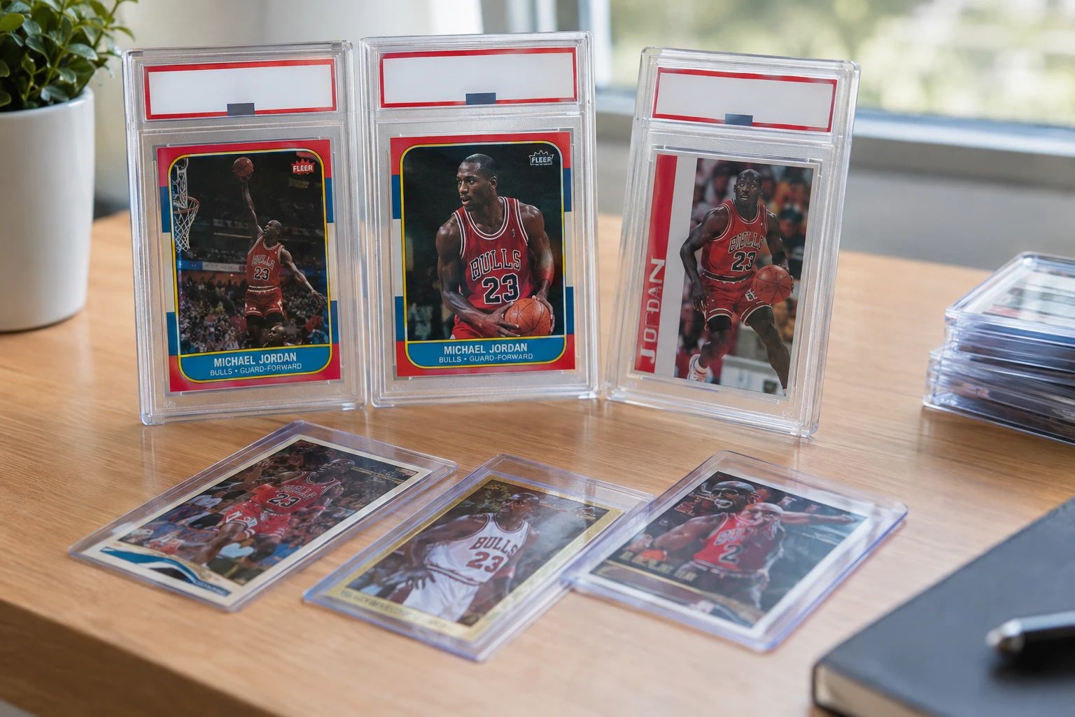 Michael Jordan 1986 Fleer rookie card and key basketball cards displayed for PSA grading comparison