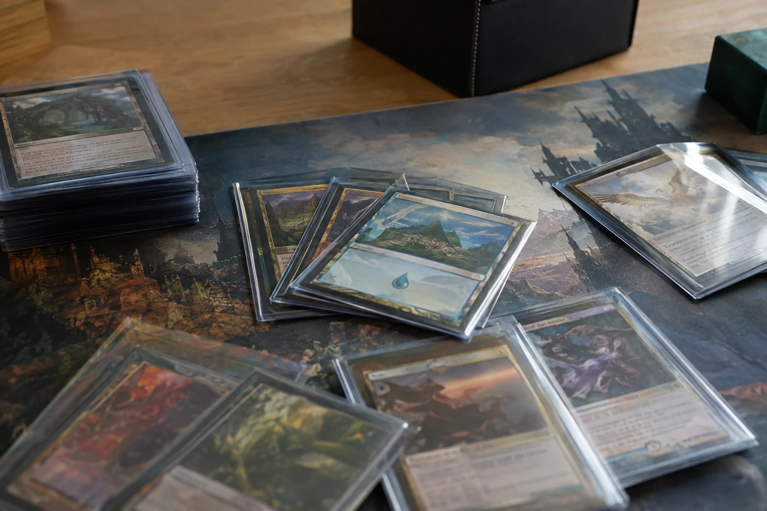 Magic The Gathering trading cards including dual lands and commander staples on a playmat