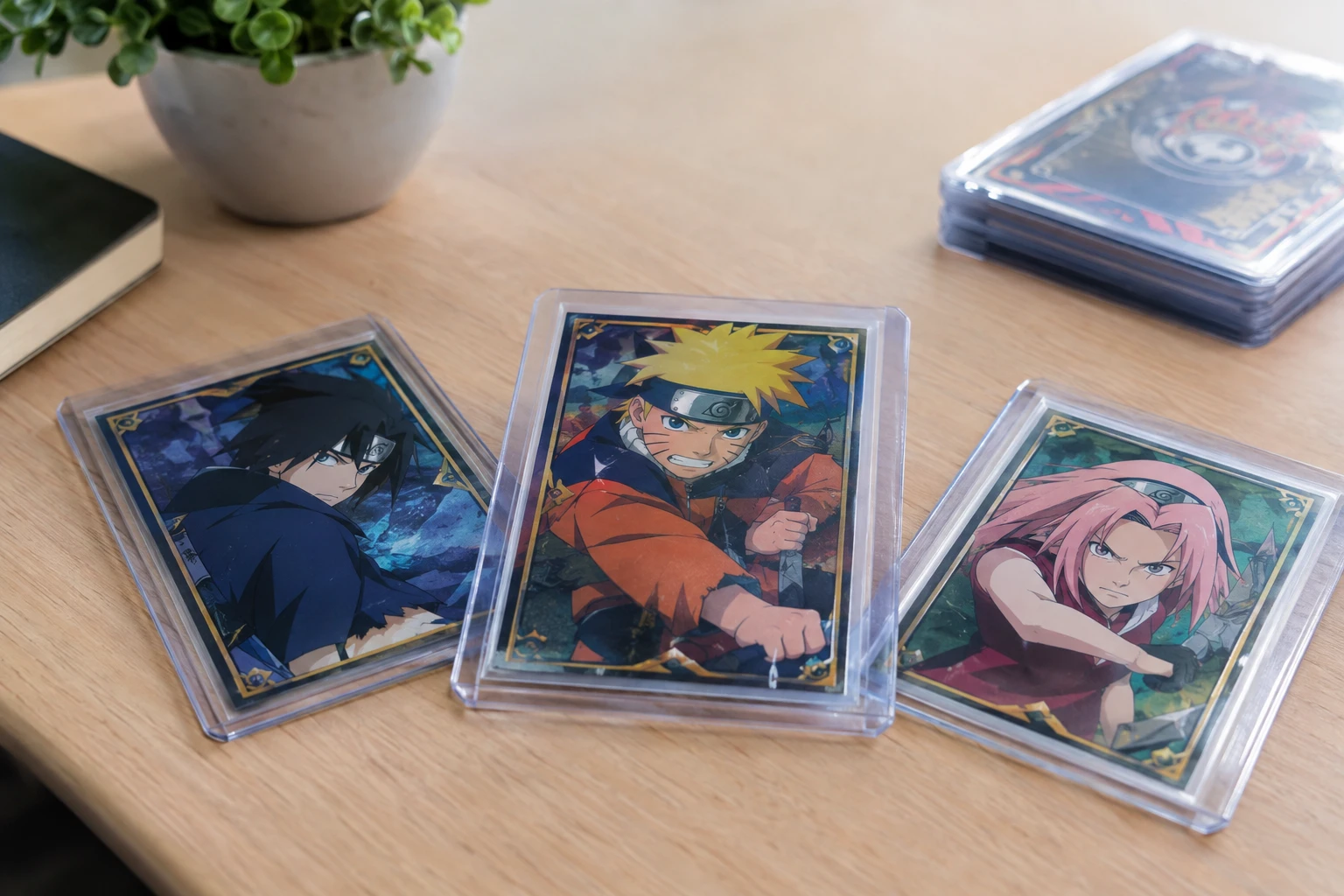 Naruto Mythos TCG cards featuring Naruto, Sasuke, and Sakura