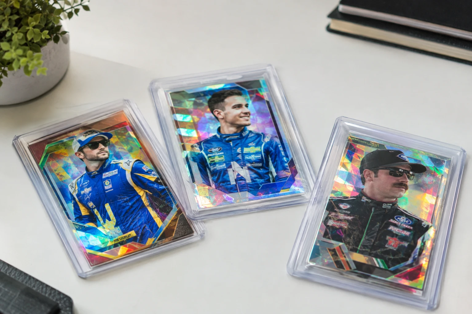 NASCAR trading cards featuring Chase Elliott, Kyle Larson, and Dale Earnhardt refractors laid out for AI grading analysis