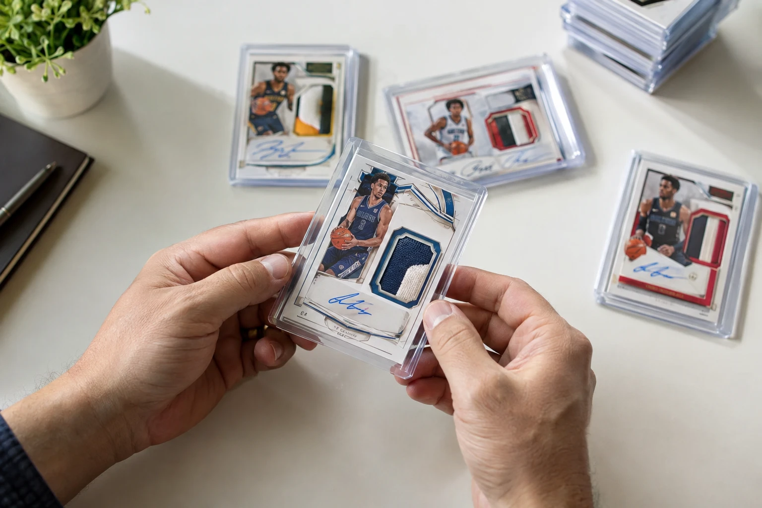 National Treasures rookie patch autograph basketball cards with jersey patches on a collector's table