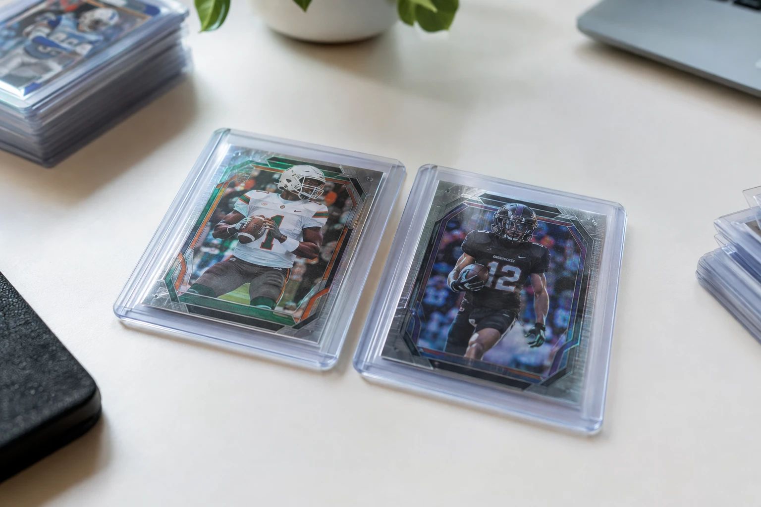 College and NFL prospect cards prepared for grading — the NIL market has made pre-NFL prospecting a real category