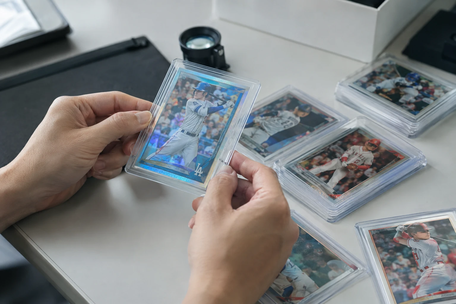Shohei Ohtani baseball cards including Topps Chrome and Bowman Chrome rookies being examined for PSA grading with centering and surface check