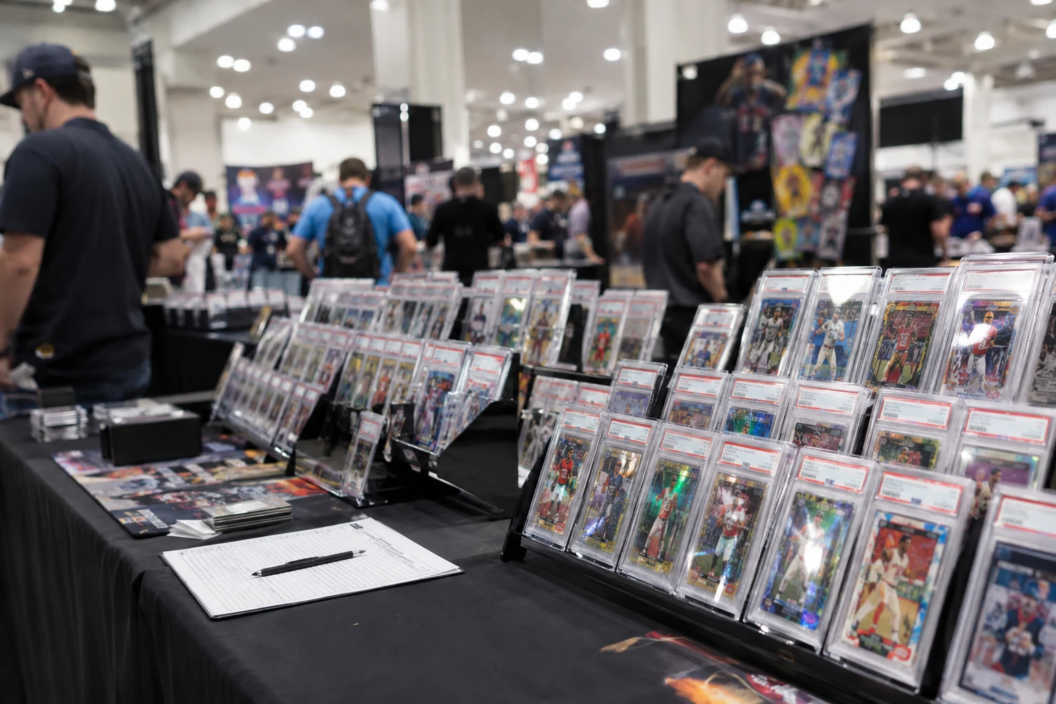 A card show grading booth table with slabs and a submission form