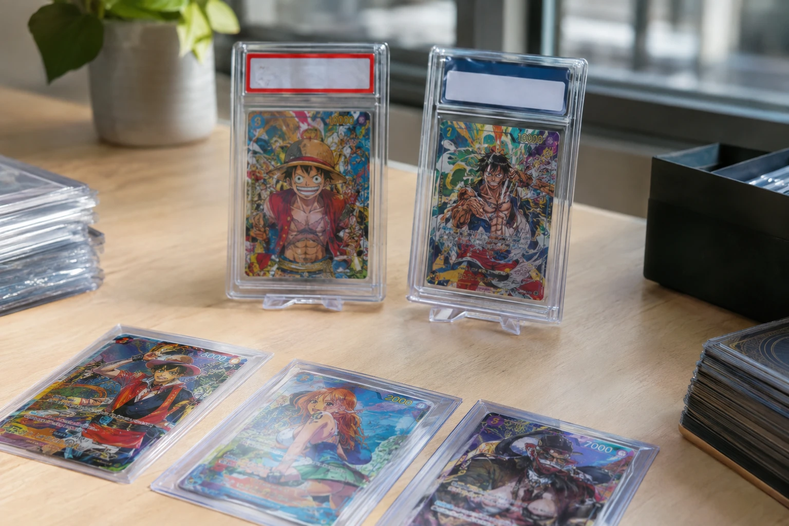 One Piece TCG Manga Rare cards arranged for AI pre-grading with PSA and CGC slab examples