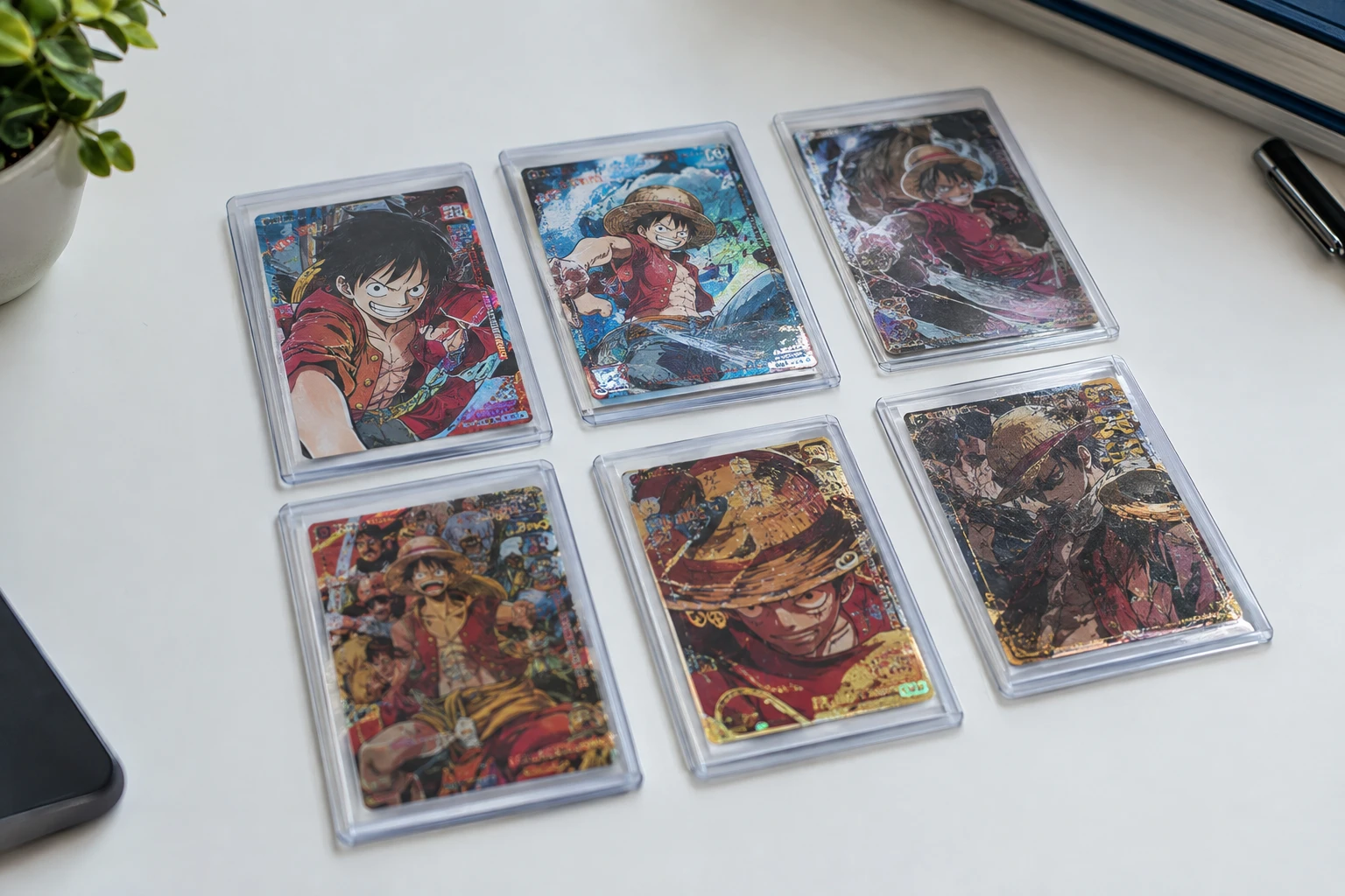 One Piece TCG Luffy alternate art Leader card and Treasure Rare cards laid out for grading analysis