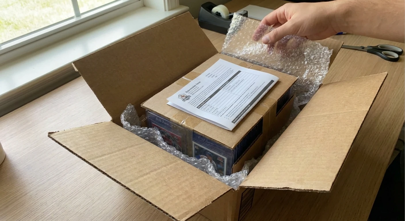 Properly packed shipping box with bubble wrap padding around a card sandwich