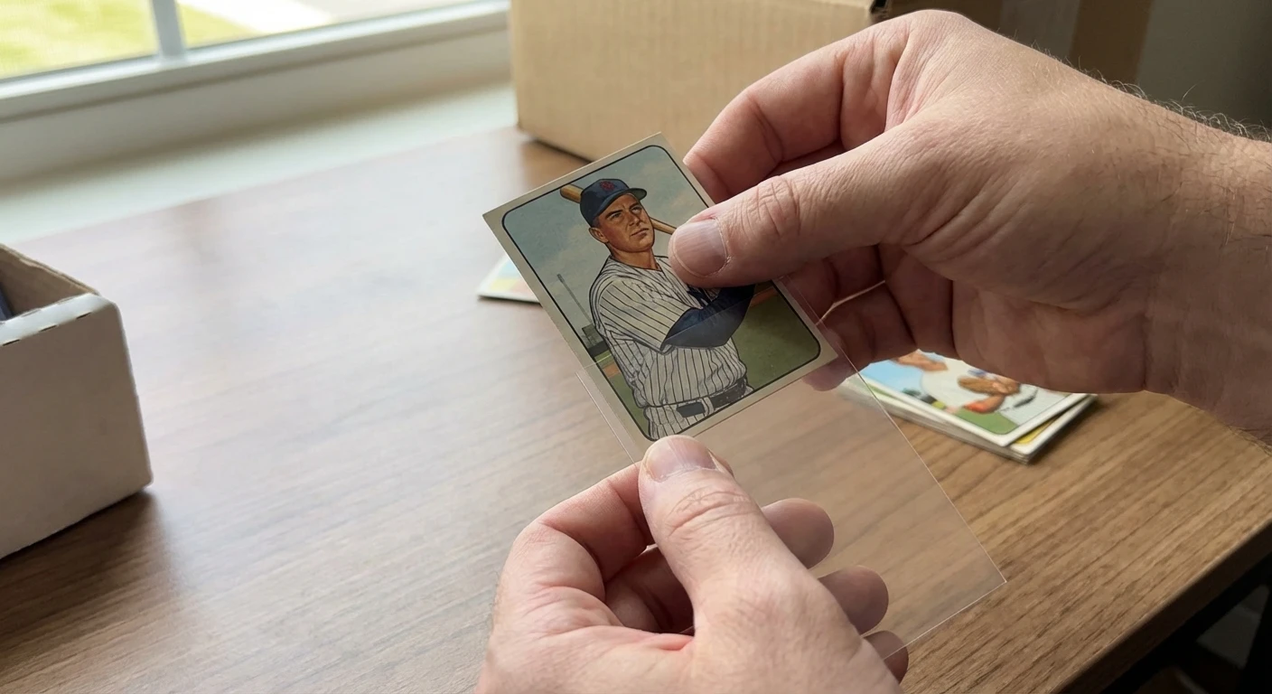 Inserting a sports trading card into a penny sleeve for grading submission
