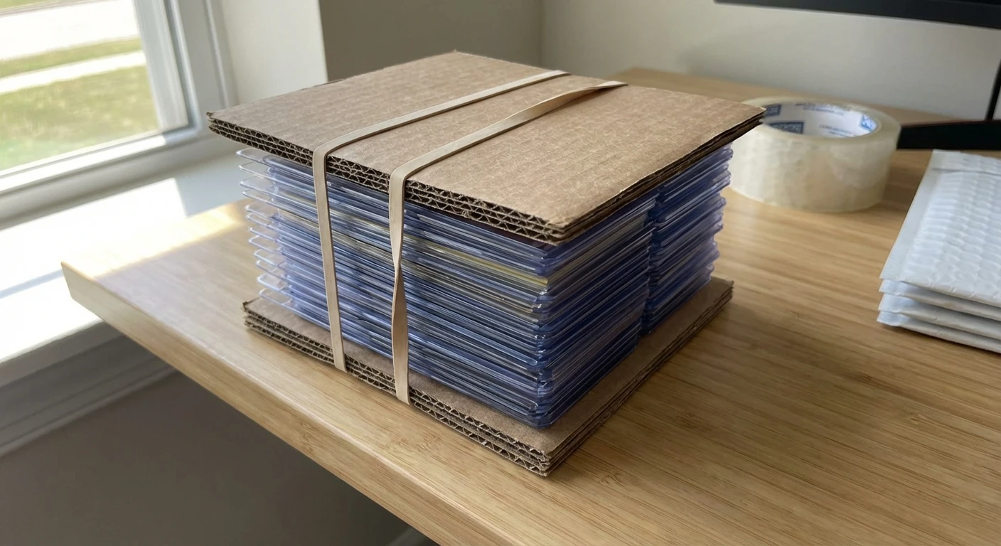 The sandwich method - Card Savers stacked between two pieces of cardboard held with rubber bands
