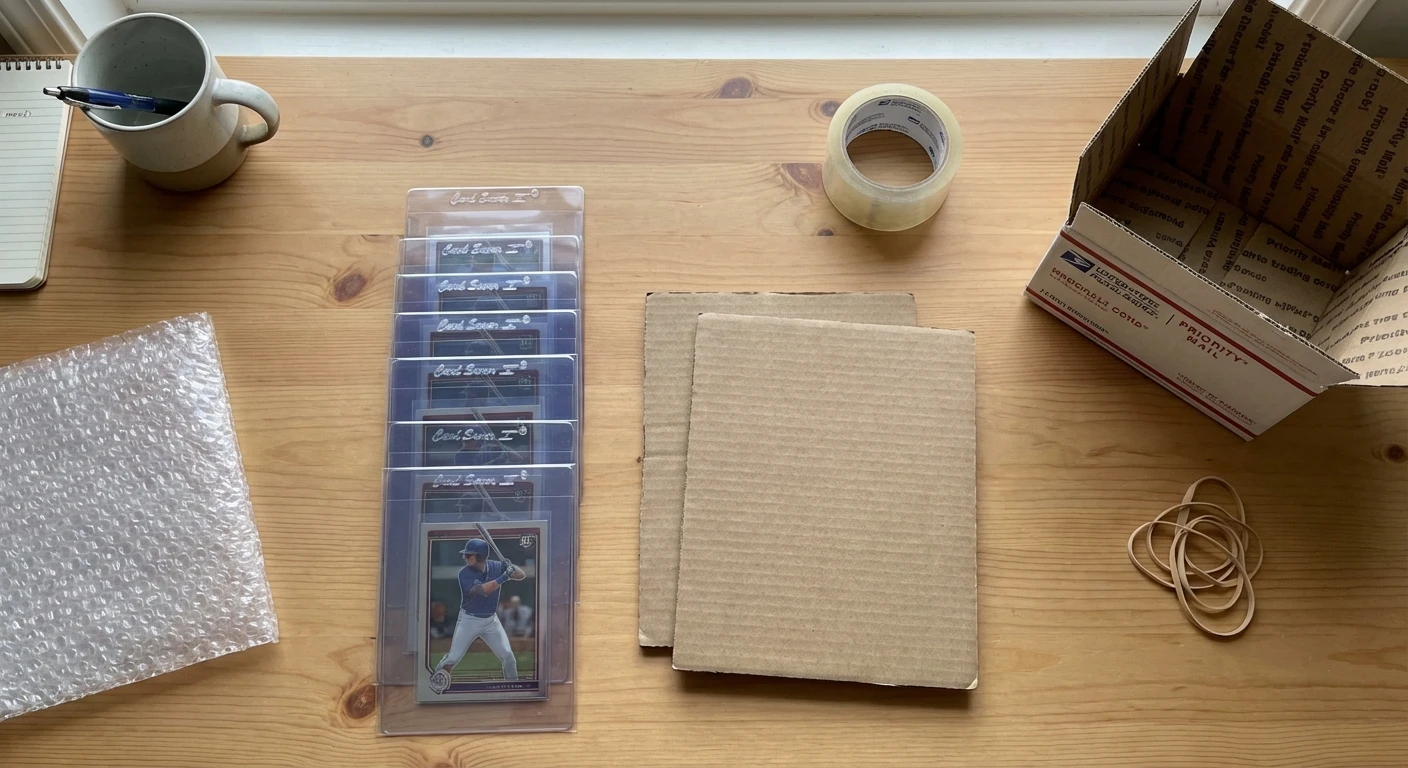 Sports card grading submission supplies laid out on a desk - Card Savers, penny sleeves, cardboard, bubble wrap, and shipping box