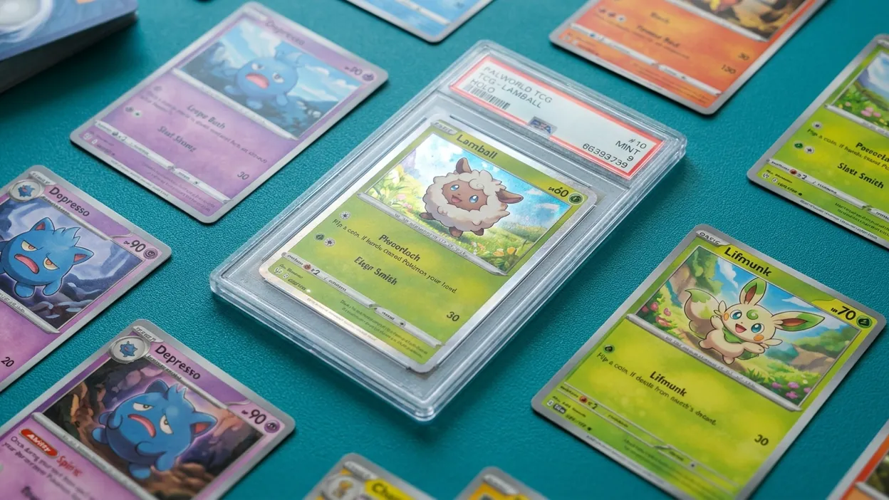 Palworld Official Card Game cards with colorful Pal creature artwork laid out for AI grading