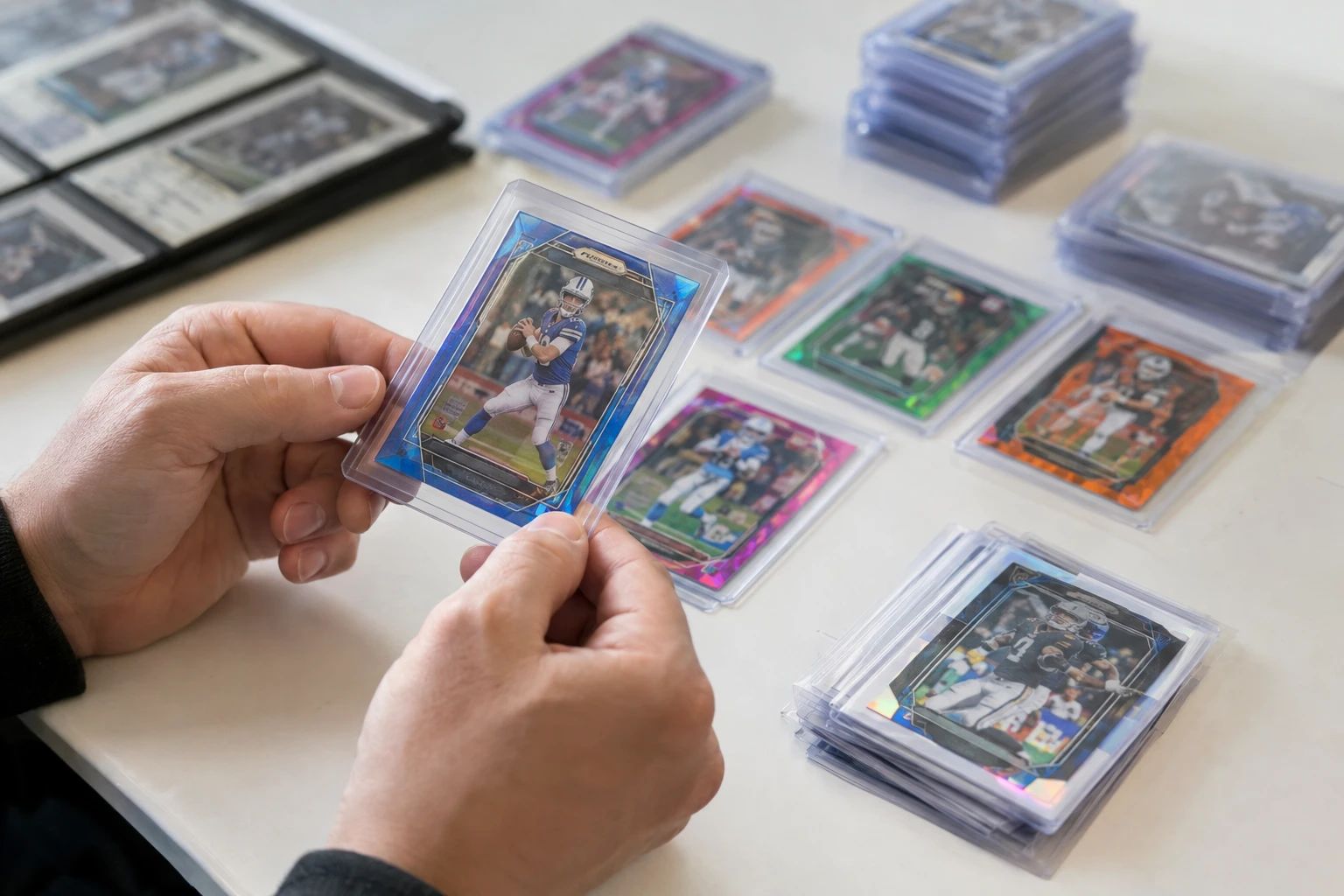 Panini football cards fanned out for pre-grading inspection — the case-hit inserts that decide whether the grading fee pays