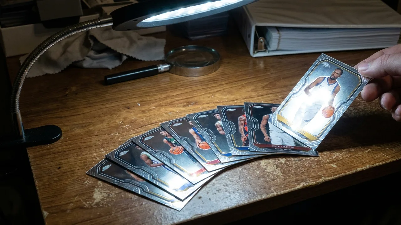 Panini Prizm basketball cards with silver chrome borders fanned on a table under a lamp for surface inspection