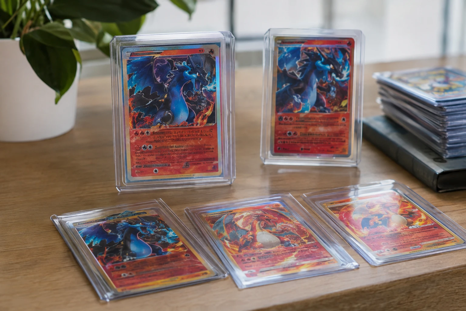 Pokemon Phantasmal Flames trading cards featuring fire-type Mega Charizard X artwork on a display table