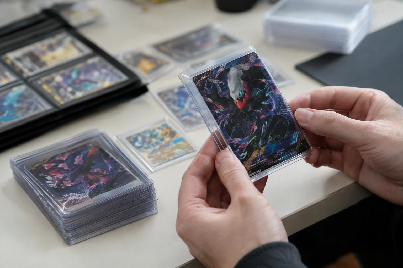 Pokemon Mega Evolution Pitch Black cards including Mega Darkrai ex being inspected for grading after post-launch price settling
