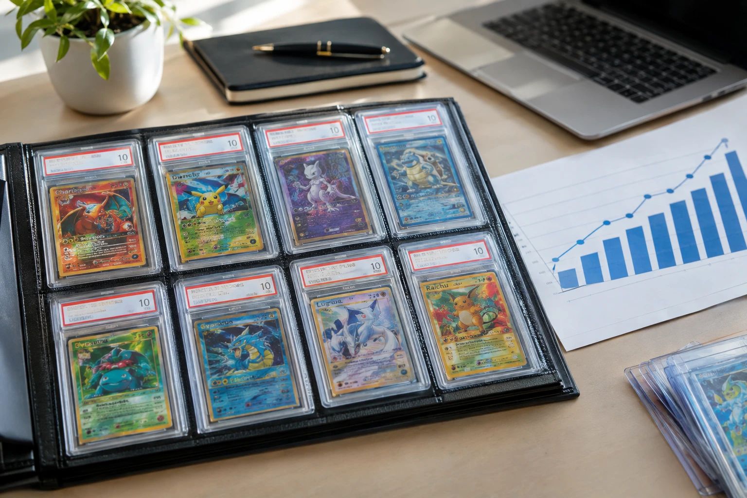 A portfolio of graded PSA 10 Pokémon cards arranged by tier with investment chart overlay